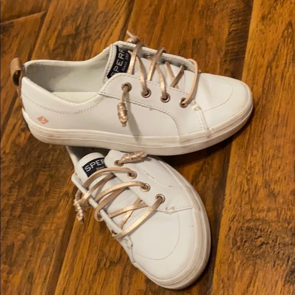 Kids white sperrys with rose gold laces